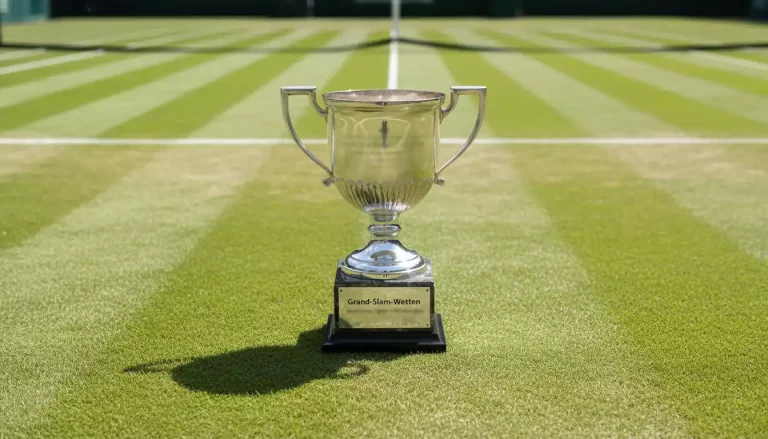 Tennisplatz mit Grand-Slam-Pokal im Sonnenlicht auf Rasen