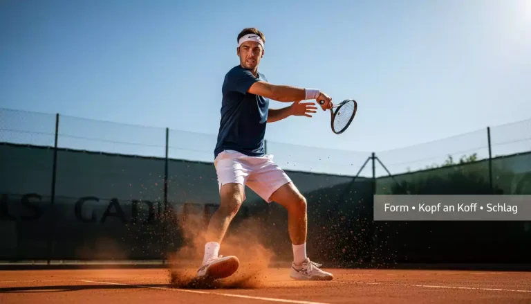 Tennisspieler beim Vorhand-Schlag auf Sandplatz mit intensivem Blick