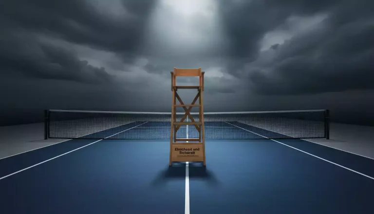 Schiedsrichterstuhl auf einem leeren Tennisplatz bei dramatischem Licht