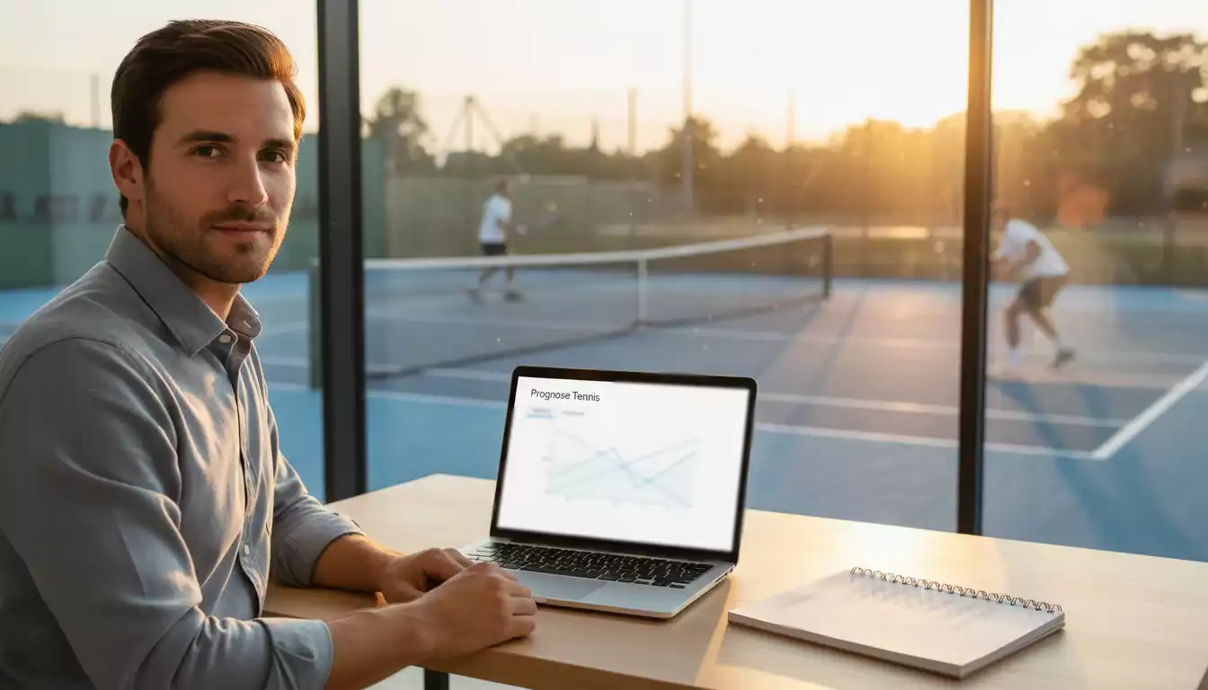 Datenbasierte Tennis Prognosen – Analyse am Laptop neben dem Tennisplatz