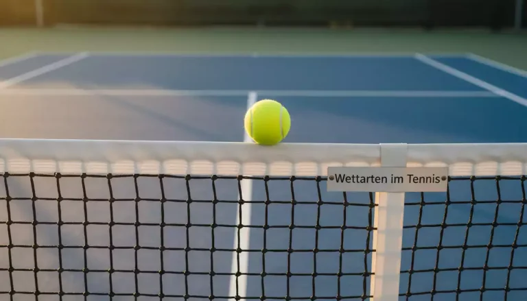 Tennisball auf dem Netz eines Tennisplatzes mit Spielfeld im Hintergrund