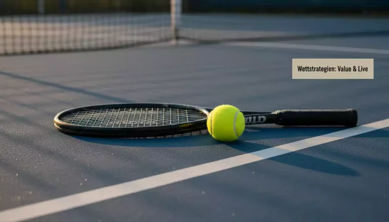 Nahaufnahme eines Tennisschlägers und Balls auf einem Hartplatz bei Abendlicht